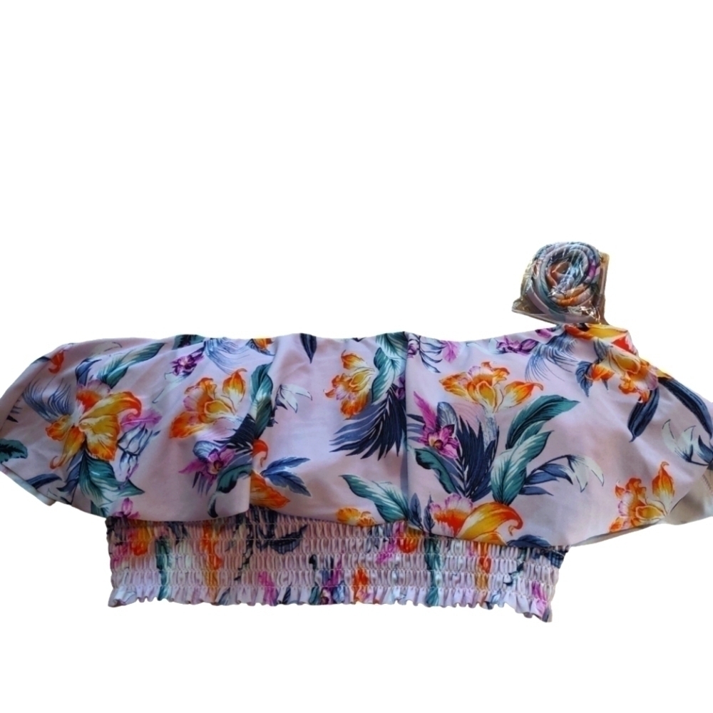 Xhilaration Tropical Floral Smocked Flounce Bikini Top Large